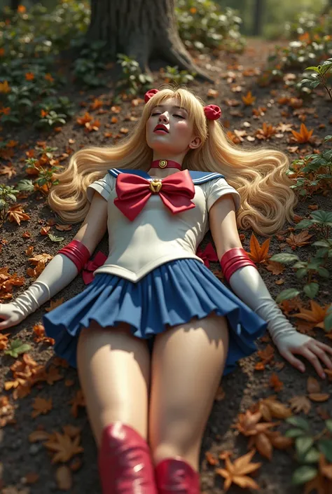 Photorealism、4K、HDR、a Unprivileged masochistic girl、beautiful japanese actress、playing sailor-moon、long  blonde hair、whole body、short legs、thick thighs、wearing sailor-moon costume、pink cotton panties、knee-high boots、Devastated、Losing consciousness、laying b...