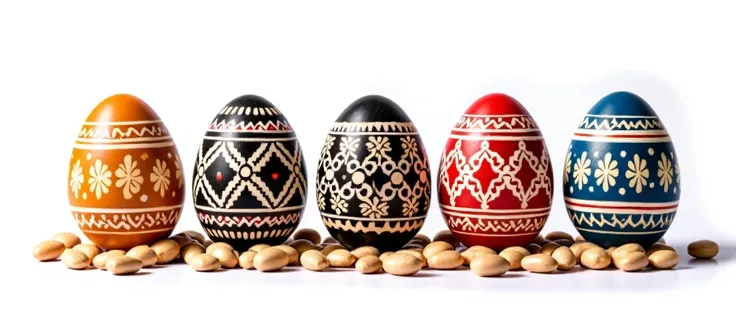 Do the set of easter ukrainian eggs with folk patterns and traditional colors. Etnic national easter eggs of Ukraine isolated on white background. Patterns on the eggs and colors are white, black and red. Realistic style. 