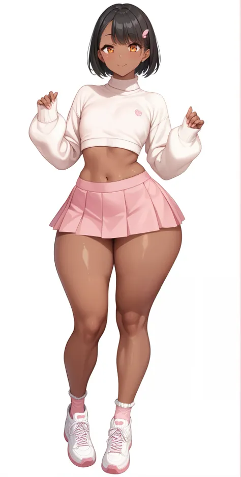 1 woman, mature body, mature sized head, full body photo, short plain black hair, no haircut head accessories, very brown skin tone. Correct body proportions, biggest feminine thighs, thigh thickness 7, hips and legs, giant huge ass, completely flat chest ...