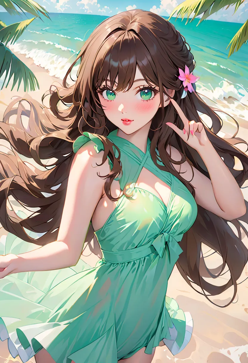  Wavy Long Hair , brown hair, 1 girl,  emerald eyes, Shake with two fingers, pink lips,  pastel green dress in a racy swimsuit,