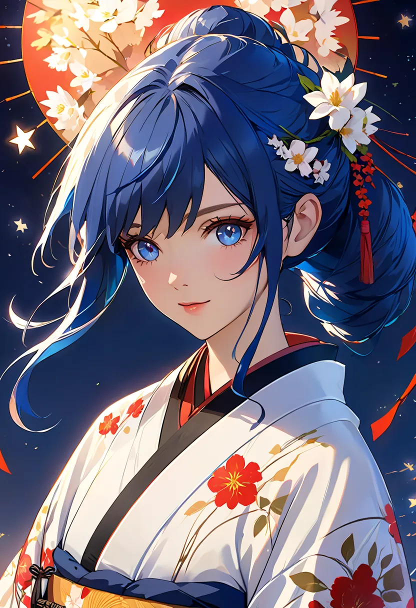 There&#39;s a woman with blue hair., Gwaiz style art, Gwaiz,  beautiful character painting with a close-up of a woman wearing a kimono , Gwaiz in ArtStation Pixiv, Gwaiz in Pixiv ArtStation,  portrait of a beautiful anime face ,  beautiful digital art stan...