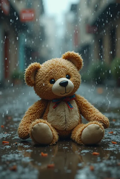 A teddy bear broken in the rain