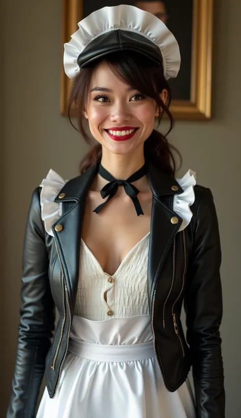 A humorous character dressed as Amélia, the maid, inspired by the physical features of a stylish man with a leather jacket and a cap. The character should have a white apron, a maid’s headpiece, and a funny expression, blending elegance with comedy. The se...