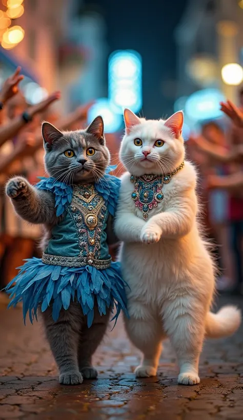 
"An elegant gray cat and a dazzling white cat, both sambando in a carnival parade Marquês de Sapucaí,  in Rio de Janeiro . The gray cat wears a brilliant costume in shades of blue and silver, filled with feathers and sequins. The white cat wears a bright ...