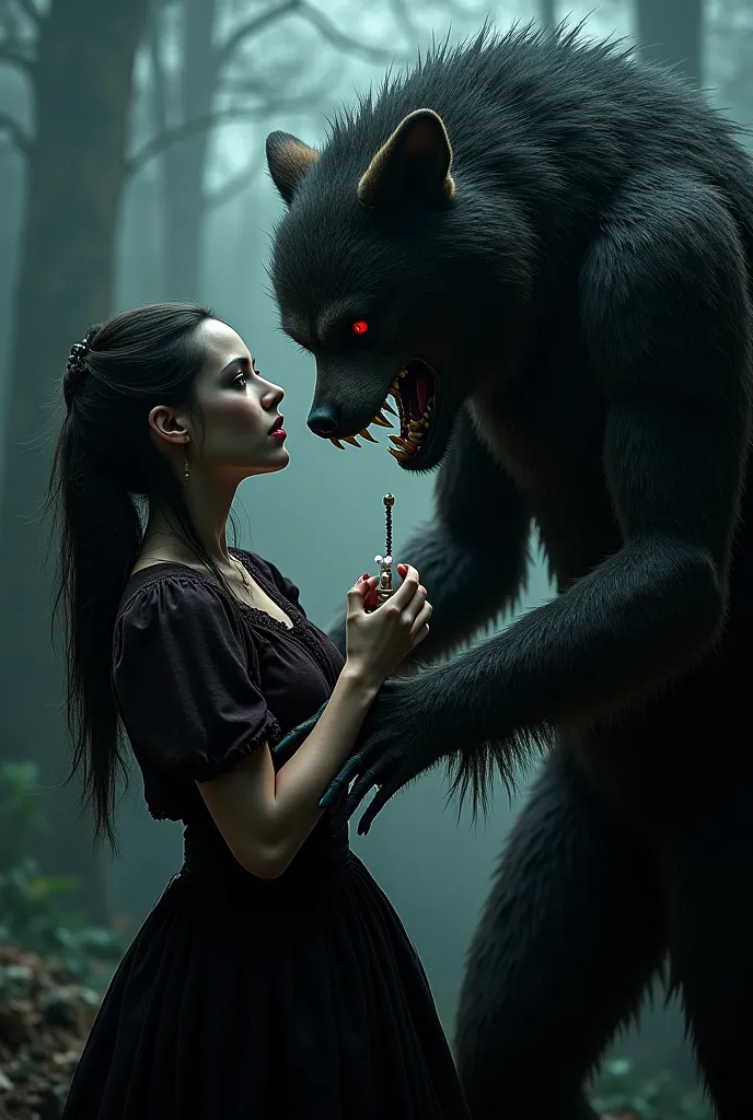 A vampire and werewolf both holding a girl's shoulder with the girl holding two pearls, one black and one white