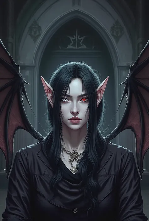 Trace style  (anime castlevania),long hair tied, two-colored eyes( white and red), bat wings, pointy ears.