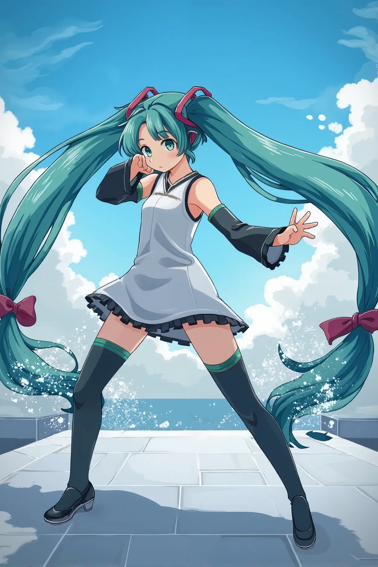 ( masterpiece、Highest quality、Highest quality、Official Art、 beautiful and beautiful :1.2)、(one girl:1.3) Hatsune Miku、twin tails,beautiful breasts, Pai Chang , Blue Ribbon Ponytail, brown eyes, double bang,bright hair,Kung Fu Pose Standing, alone , ,  Batt...