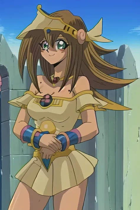 Mana,anime, Yu-Gi-Oh!!  duel monsters, 1 girl,  top quality,  exotic ,  sunburned skin,   green eyes, Big Breasts ,smile, Masonry structure , Stone Building, smile, ( standing),  magic , looking at the viewer, 