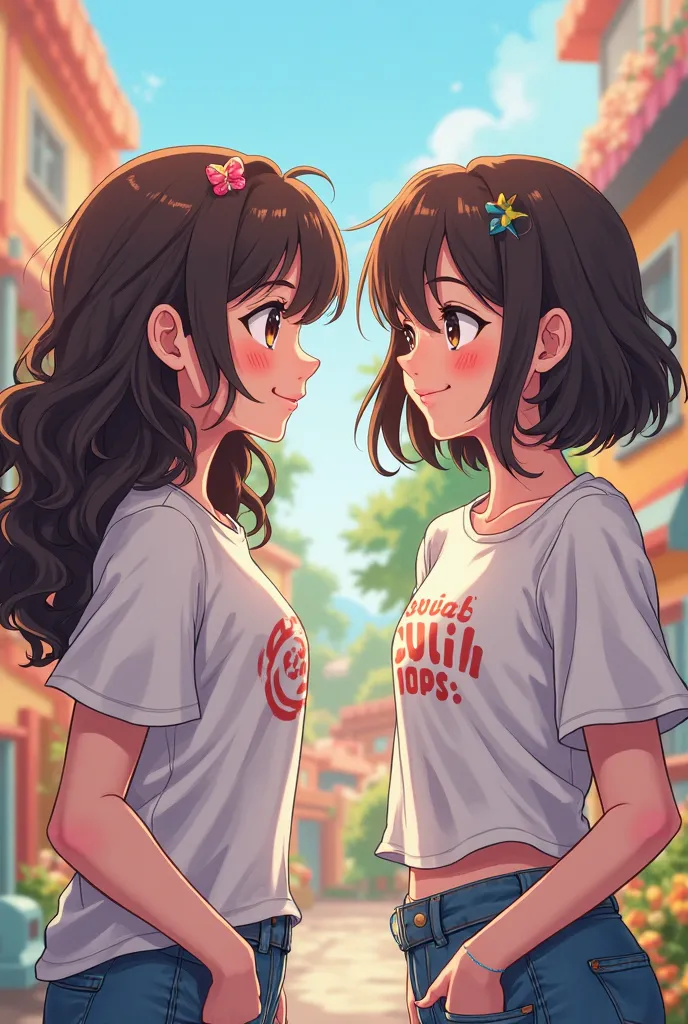 Cartoon of 2 female anime brunettes twins,one with long curly hair and the other with short straight hair layered and eyebrow piercing and tattoo 