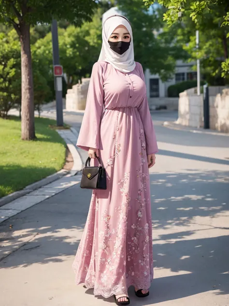  Cute girl with huge breast, beautiful eyes, korean face, big breast, perfect hands, wearing hijab with niqab, wearing niqab, cute hijab, niqab, long sleeve, long shirt, long skirt, shalat, high quality, perfect detail, take a picture from the side