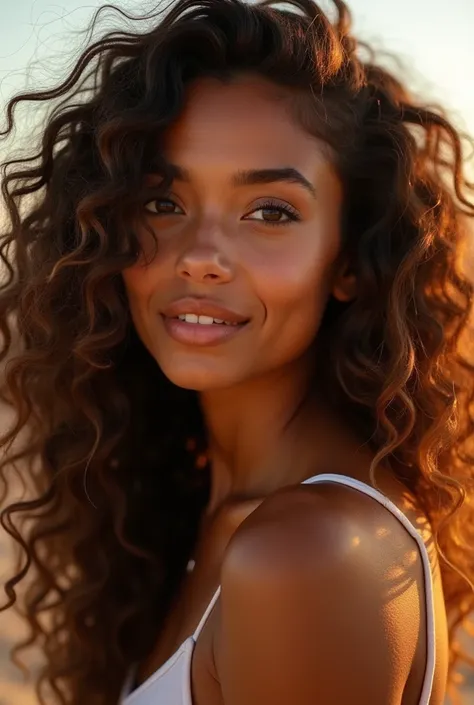 She has long, curly hair that cascades over her shoulders in defined waves, with a natural shine that catches the sunlight. Her bronzed skin glows with a golden hue, as if always kissed by the sun. Her deep, expressive eyes hold a mix of mystery and vibran...