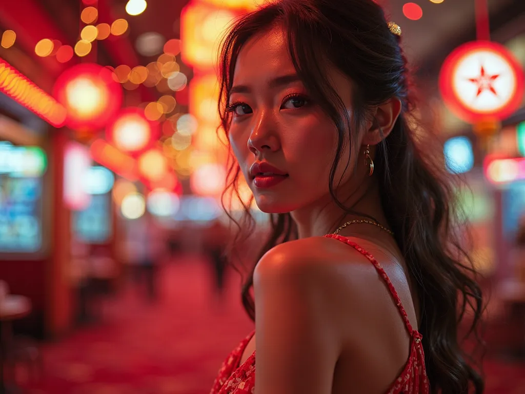 a banner depicting a lottery result on the Hong Kong market with a brightly lit casino feel and a sexy and beautiful Asian woman. With the results of the Hong Kong market: 8856 which is written boldly and clearly. And there is a clearly visible symbol of t...