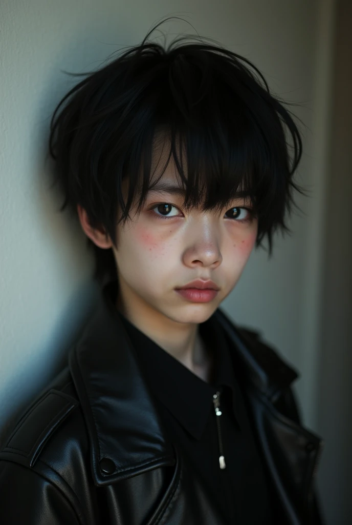 a freaky 18-year-old boy with a dull expression with a black leather jacket and short black hair whose face is that of a goth ager who doesn't look like an Asian and doesn't look like a  a boy who goes to college