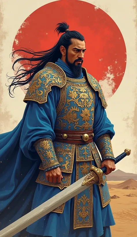 "Digital illustration of Khongor, the Mongolian hero from the epic "Dzhangar". He is depicted in ornate blue-gold armor with intricate patterns inspired by Mongolian culture. His skin is a warm shade, his face expresses concentration and determination. He ...