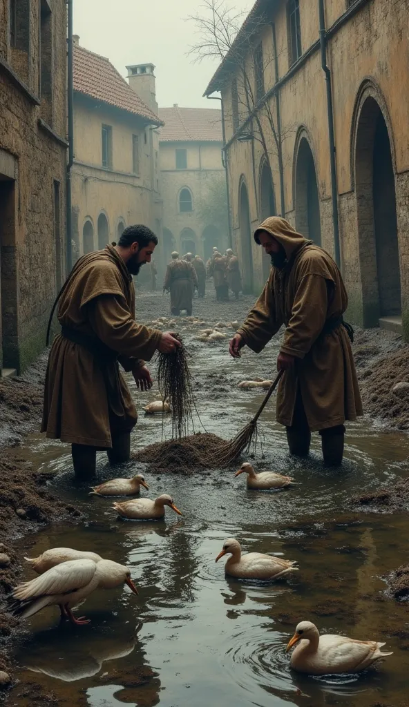 Drawing with medieval figures of workers throwing waste into the river, a grim and stinking vision with dead birds floating