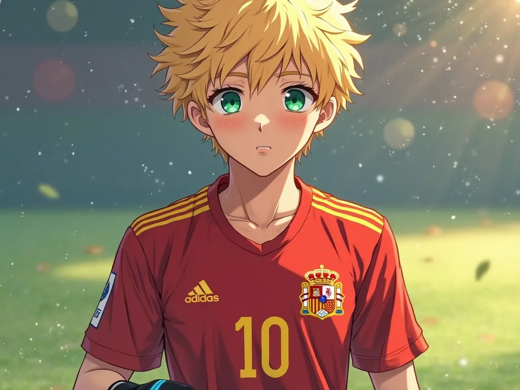 Charles is  a 6'2 guy with short blonde fluffy hair and green eyes, wearing spain national team kit, playing with number 10 on his jersey with short black gloves in blue lock style, anime style a calm faced prodigy