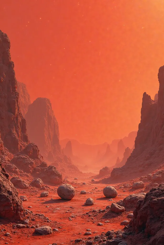 A red, rocky planet with little bouncy rocks flying around 