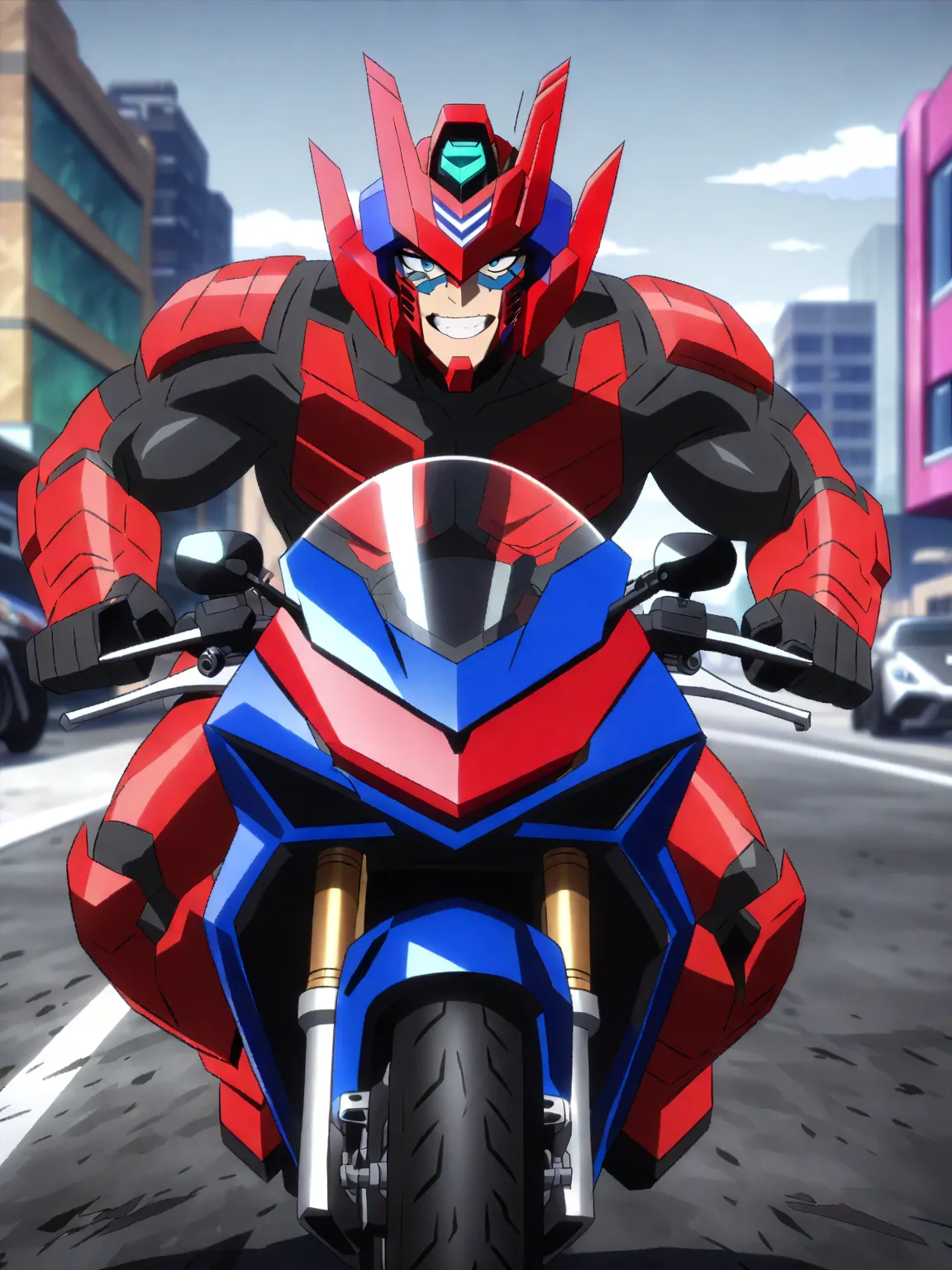 (masterpiece, best quality, anime, anime coloring:1.3, superhigh res, superdetailed). (((MHA Transformers themed pro hero OC, muscular, wearing humanoid motorcycle-like hero suit, male, 25-years-old adult, transformed into a sport bike with his face in the...