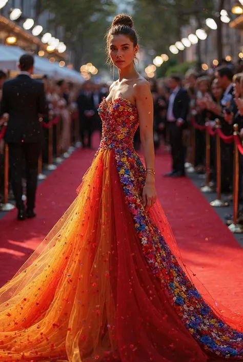 Gorgeous girl on the red carpet in a stunning dress that screams color