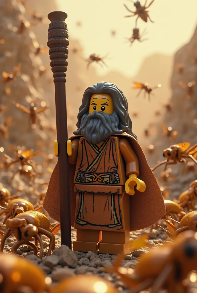 Image of biblical Moses with the plague of locusts in Egypt, Lego-like figures