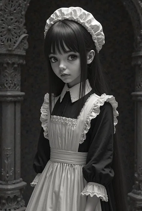 Make her a  girl and the clothes are for maids like in the middle ages and the environment is black and white