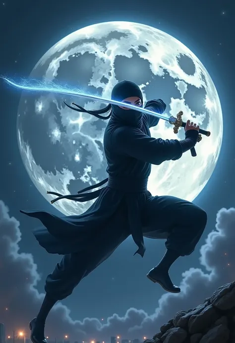 
          （Correct and Perfect Anatomy ） background，Super Big Night Moon Ring Wrapped Dark Ninja，All Black Ninja Gear，Waving Moving Sword（Full Blade），英雄降落 Dynamic Battle Pose （ Dynamic Battle Pose ）

                 Eyes Bright and Firm，Brilliant Blade i...