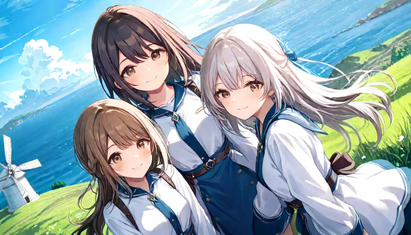 (( masterpiece , Top Quality , dynamic angle ))、((( 3 girls , smile , silver hair , black hair , brown hair )))、( detailed face 、on the hill 、One white windmill:1.2)、( sea )