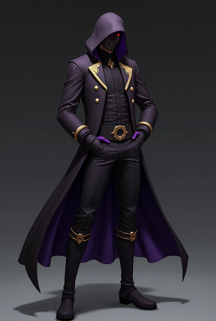 The costume Cid selected for Shadow is an ebony slime bodysuit, styled like a popped collar overcoat. Gold and purple trim adorn a dark jacket, shirt, pants, and high boots. A long hood casts a shadow to hide the upper half of Cid’s face. The only discerni...