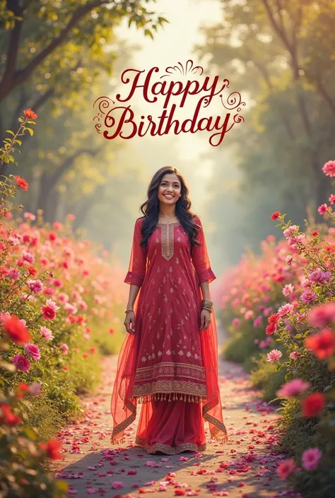 A 22 years old girl standing in a road with full of flowers in the road and on her background there is written with beautiful design happy birthday she wear a salwar kammez 