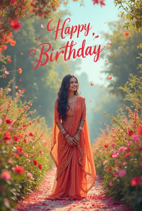 A 22 years old girl standing in a road with full of flowers in the road and on her background there is written with beautiful design happy birthday she wear a salwar kammez 