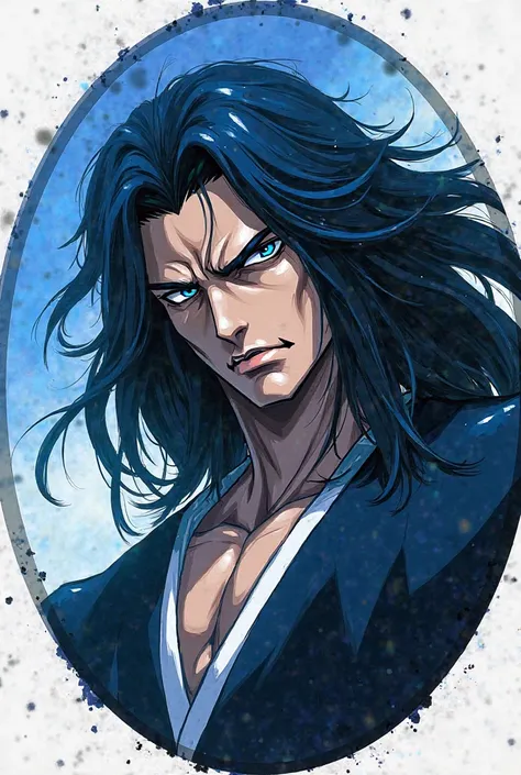 In a dp size circle,Yhwach anime character, angry eyes, blue and white colour cloth 