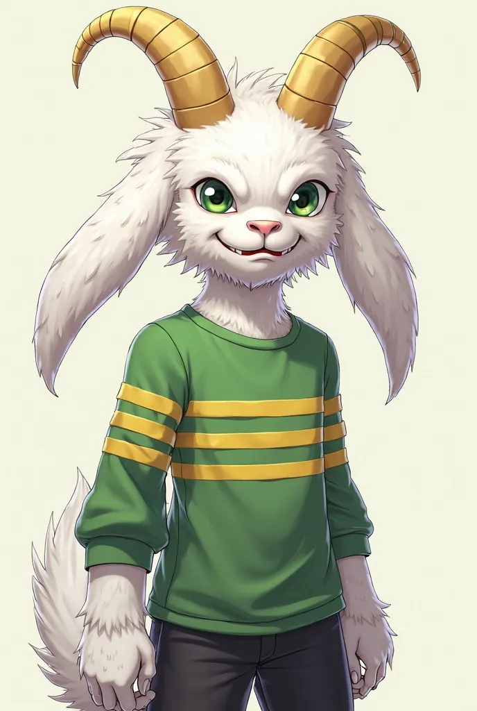 Asriel Dreemurr from Undertale, He wears a green long-sleeve shirt with yellow stripes and black pants, with white fur, long ears, a snout, and a set of visible fangs. With anime style.