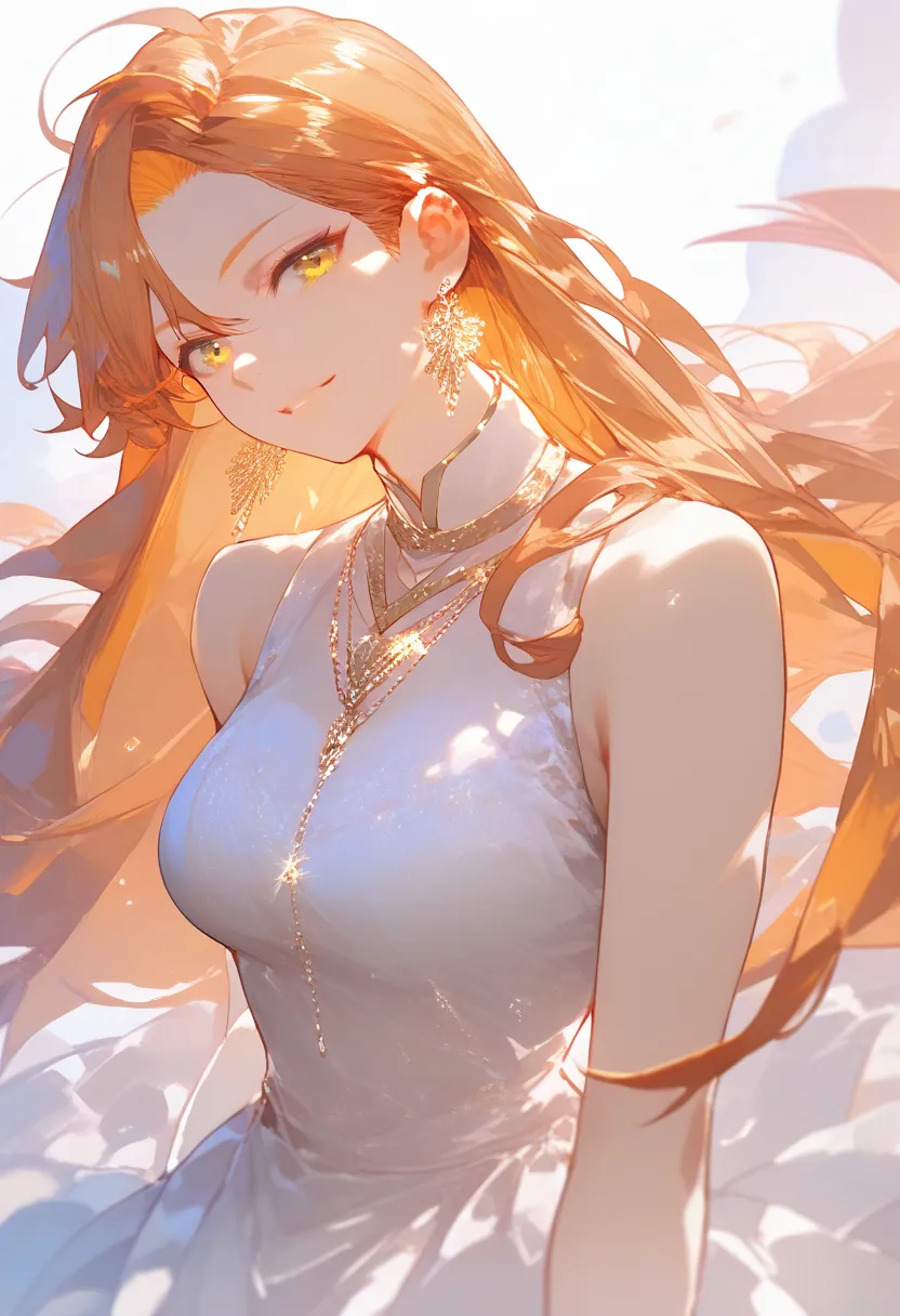 1girl, pretty, beautiful, orange hair, long hair, bangs, yellow eyes, white dress, aesthetic