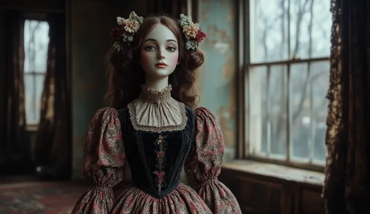 Antique porcelain doll with extremely pale skin, morbid expression and lost gaze. dark circles , dull lips and cheeks a slight faded blush. glassy eyes with a ghostly and ghostly air.  Her hair is curly ,  Voluminous and dark , decorated with aged bows and...