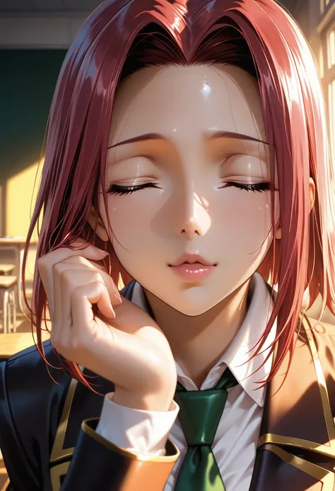 masterpiece, best quality, vibrant, very aesthetic, high contrast, photorealistic portrait,beautiful detailed face,detailed texture,detailed skin, newest,BREAK 1girl, Code Geass ,source_ Code Geass,kouduki kallen,school uniform,classroom,evening,closed eye...