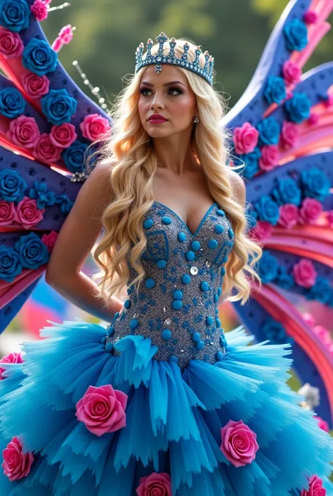 Create women's samba school costume blonde bird dress with blue and pink roses with rhinestones and crown on the tips of the wings fire 