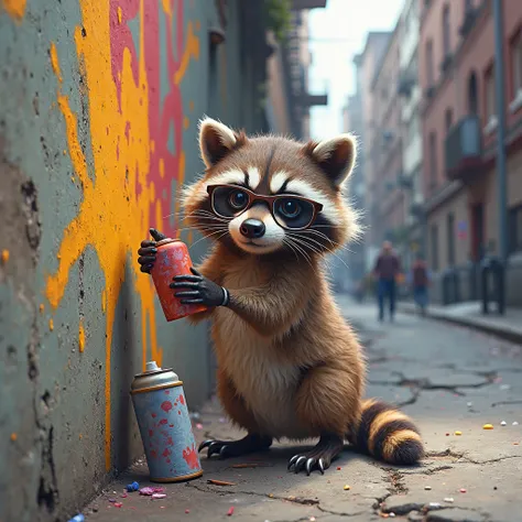 Making graffiti on the street wall [ COLPA ] a raccoon with glasses that says