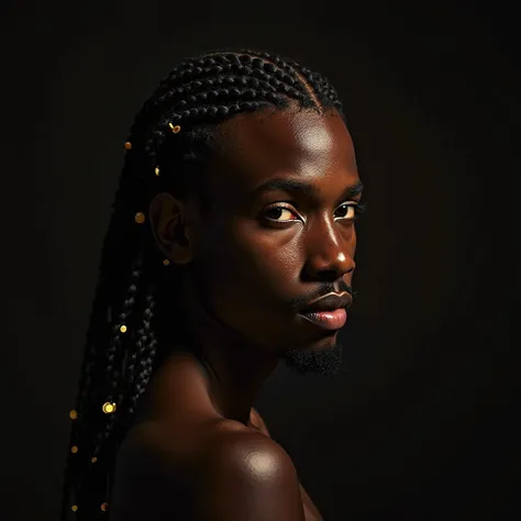 "Ultra-realistic portrait of a Black male model with sharp, symmetrical cornrows (nagô braids) infused with subtle golden mechas. His gaze is intense and confident, with a chiseled jawline and flawless skin. The lighting is dramatic, casting bold shadows t...