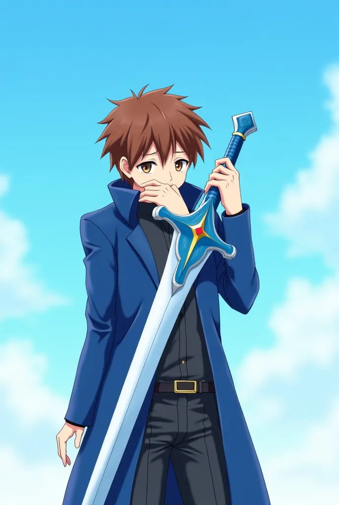  Anime style. Anime guy 25 years old with brown hair. It's against the blue sky. The guy holds a magical big sword in his hand. He covers his mouth with his hand because he is bored. The guy is wearing a blue coat, the guy is bored