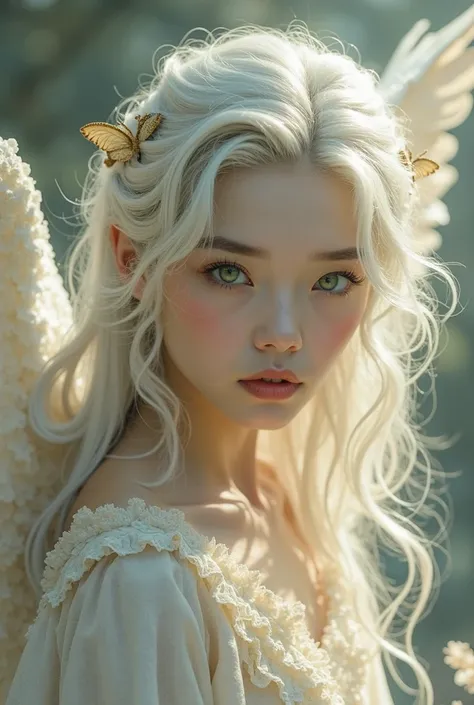 Novel cover Fairy white hair soft green eyes golden wings asian young lady with white dress wavy hair  queen fill in love with a Knight  tall and handsome asian black hair blue eyes great body big white wings  the novel name is ( wings of the forgotten cha...