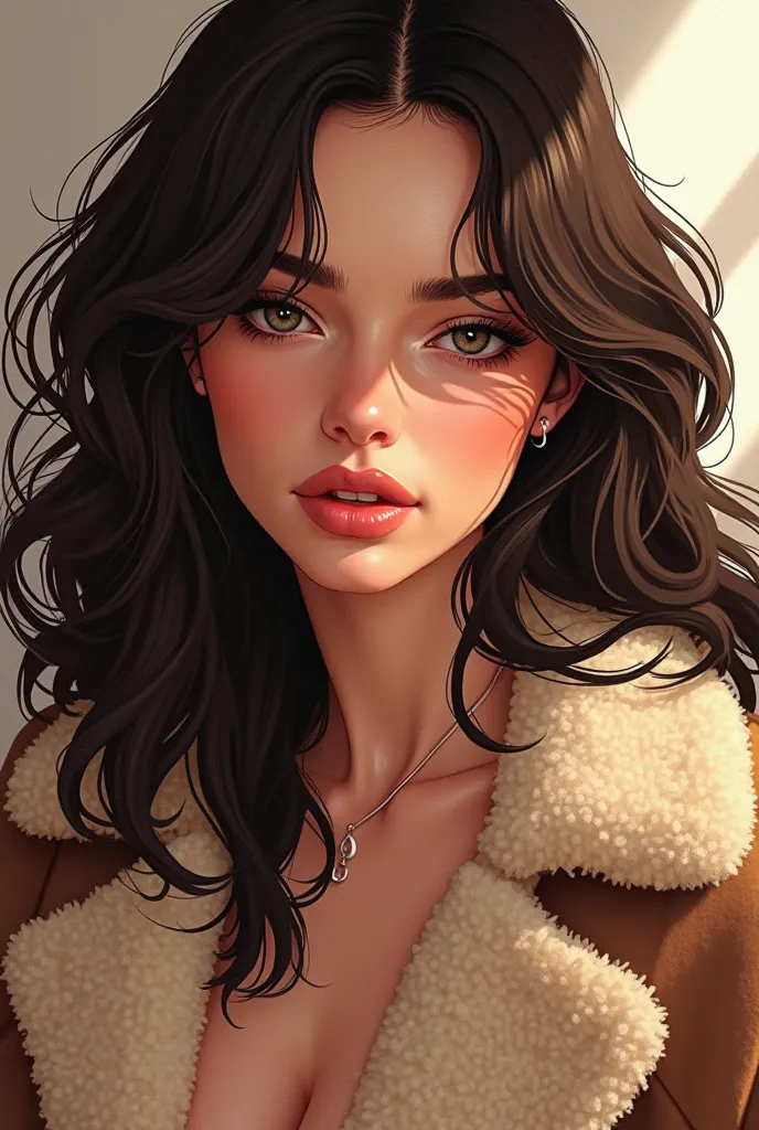 Sexy women in teddy coats with features on their faces A detailed illustration highlighting the curvatures of the face, with well-defined cheekbones, slightly angled chin and a smooth and symmetrical facial contour. The nose is refined, with a delicate str...