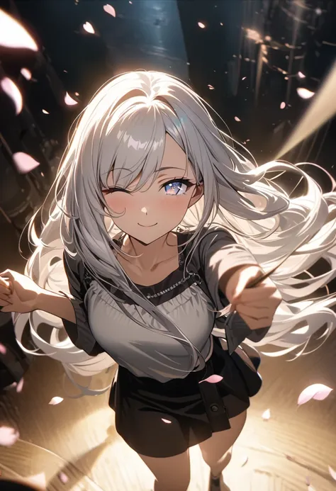 A stunning anime girl with long flowing silver hair, from above, wearing a casual fashion, standing under cherry blossom petals falling, looking at the viewer, with a gentle smile, dynamic pose, (winking:1.2), silky smooth hair, mesmerizing gaze, highly de...