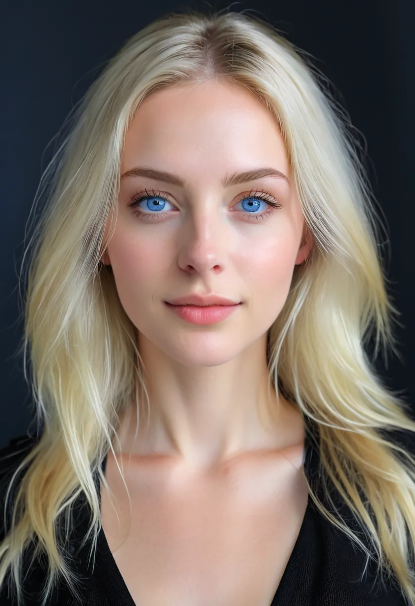 Extremely light white woman, young, adult, neoteny, blue eyes, angelical face,affectionate and kind personality, fine features, thin nose, symmetrical face, small nose, perfect face, tenderness, smooth skin, perfect skin, very long light blonde hair,hyper ...