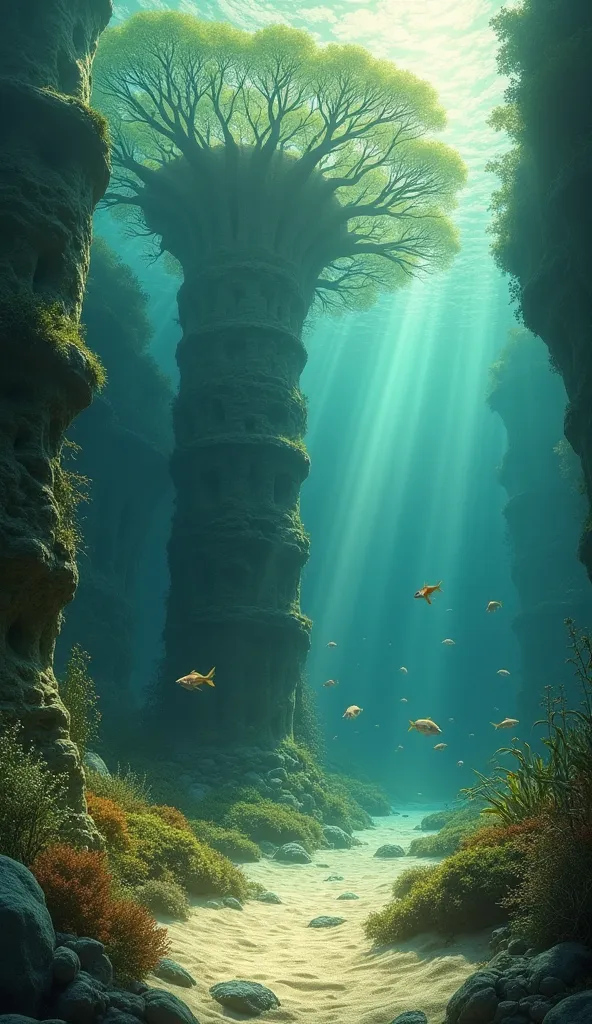 "An enigmatic underwater landscape, where the remains of an ancient garden are now covered by deep water. Fossilized trees and stone structures Worn out emerge from the sandy bottom, while aquatic plants sway gently with the current. Exotic fish and rays o...