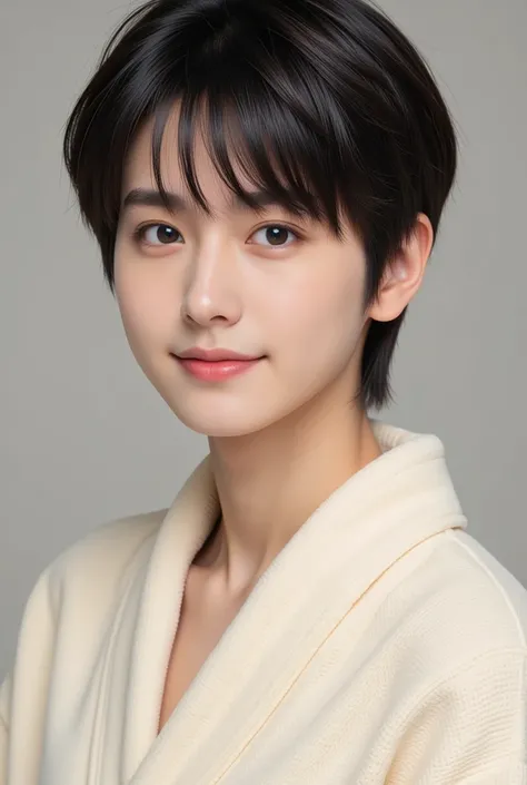  handsome mix Korean Japanese  in beige bathrobe, boy, black hair short,   black detail eyes  , kind smile, Sharp eyebrows, round face, nice, detailed faces, small nose,  black stage outfit , Turn left、