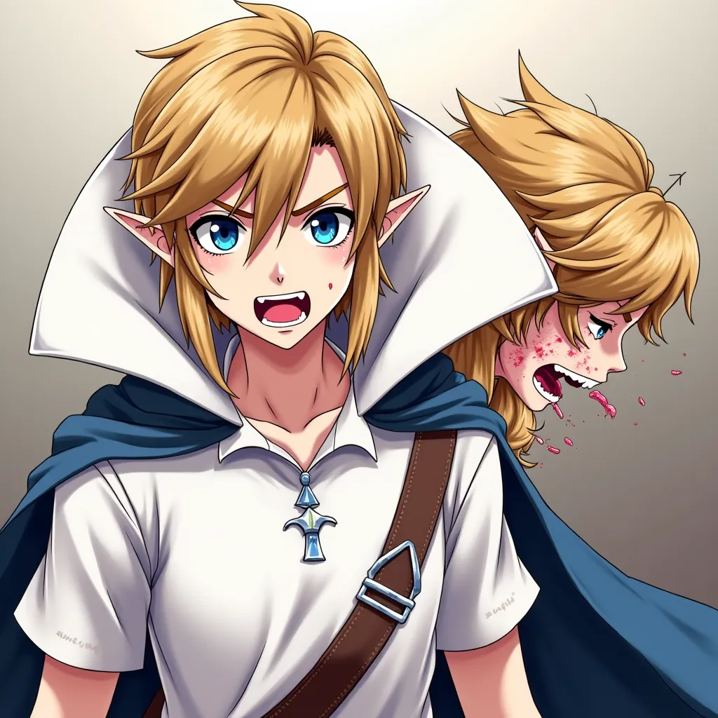 Anime Legend of Zelda King Link wearing a Massive popped collar polo with a collar so high it's taller than his head he's holding Princess Zelda's neck and crushing it choking her to death