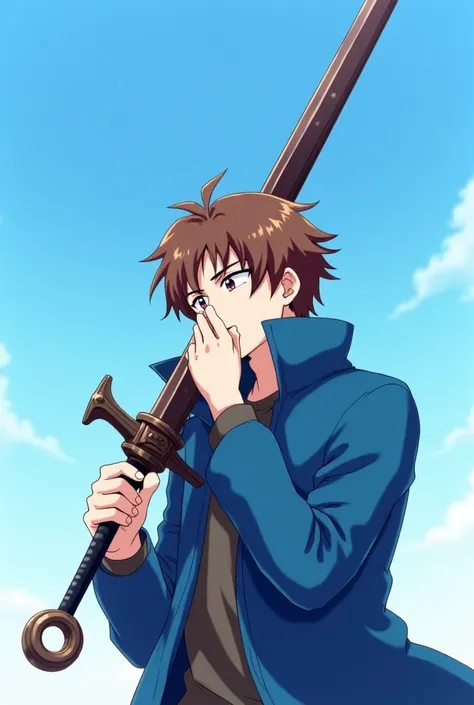  Anime style. Anime guy 25 years old with brown hair. It's against the blue sky. The guy is holding a magical big sword in his hand. He covers his mouth with his hand because he's bored. The guy is wearing a blue coat, the guy is bored