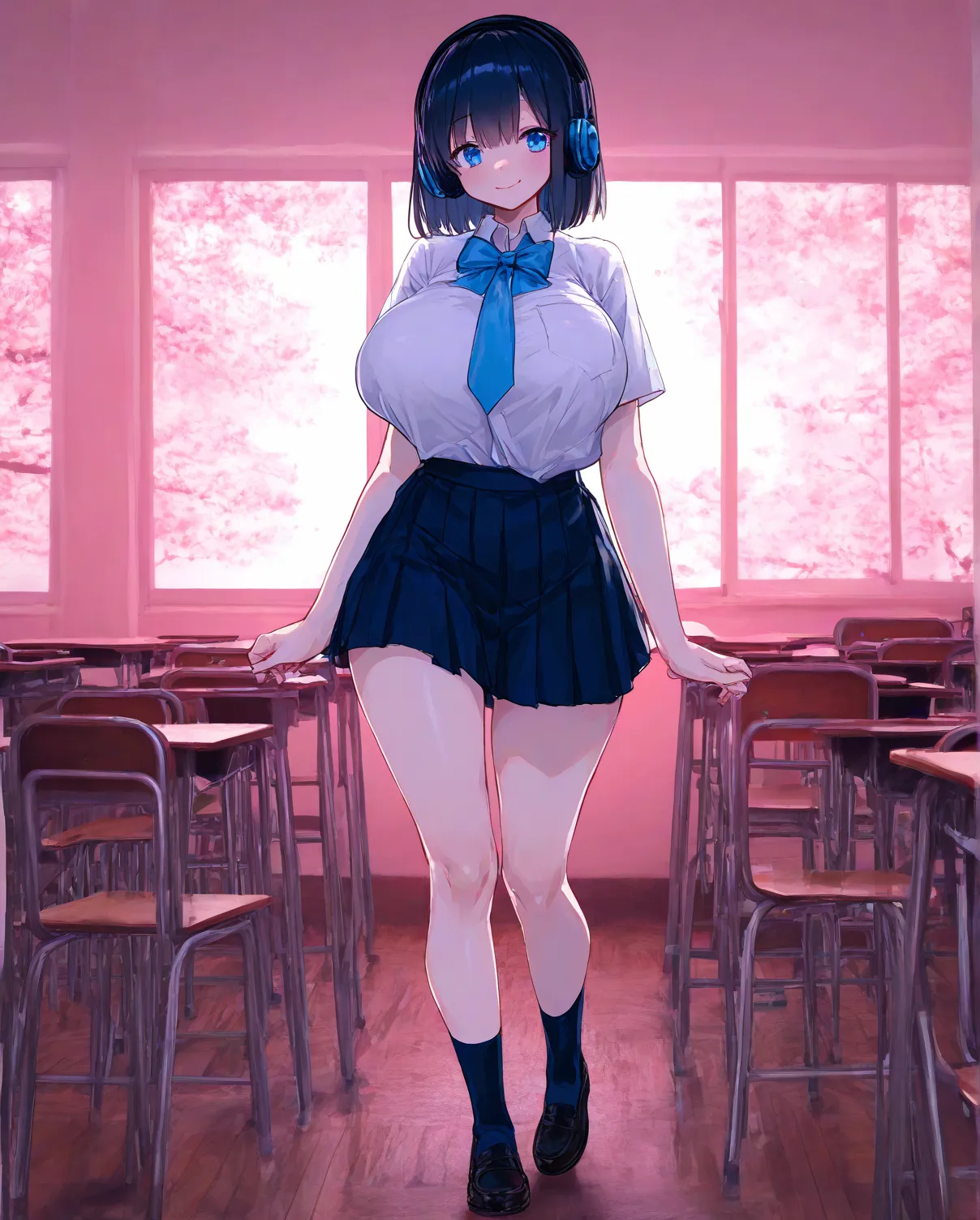      8k Wallpaper、     top quality 、 masterpiece、       748cm style     、       woman 1 person   、   18 years old、 headphones    、 School run uniform    、    short skirt 、  socks、loafers、   black hair、       short hair、     blue eyes、   pretty eyes、  very ...