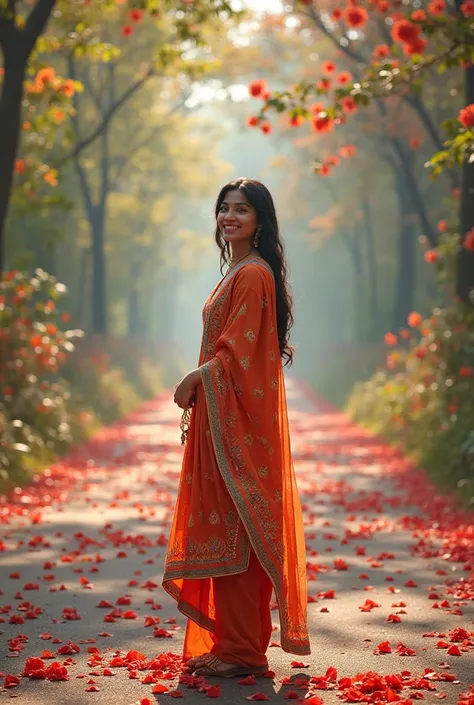 A 22 years old girl standing in a road with full of flowers in the road and on her background there is written with beautiful design happy birthday she wear a salwar kammez  and her face is visible 