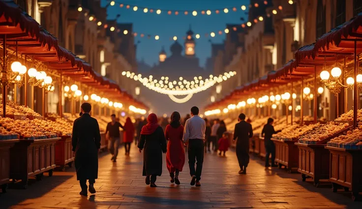 A lively Ramadan night scene with muslim people walking through lantern-lit streets. Vendors sell traditional sweets like baklava and kunafa, while muslim families stroll happily, enjoying the festive atmosphere."